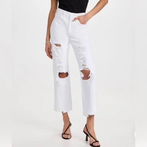 FRAME Le Jane Crop Mini Slit Rumpled Blanc Destruct White Cropped Jeans Size 28
